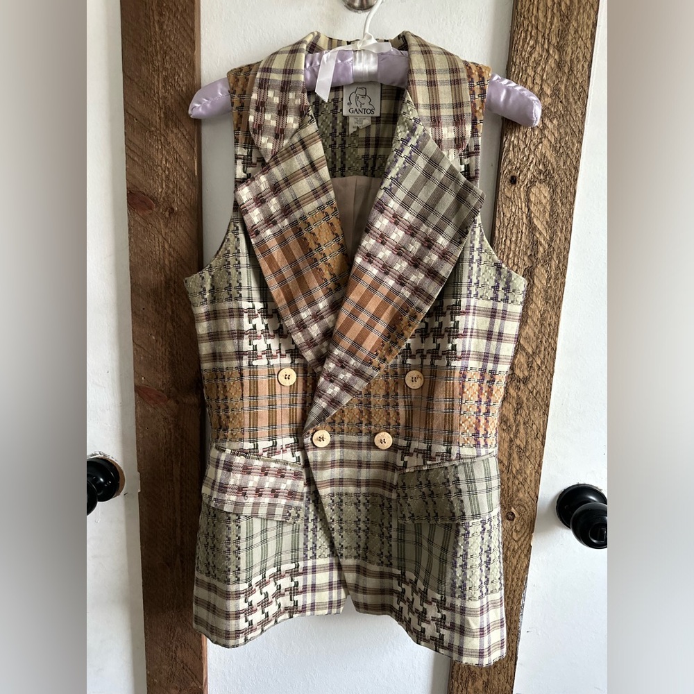 Gantos Women's Patchwork Plaid Double-Breasted Vest in Olive & Tan - Picture 3 of 13